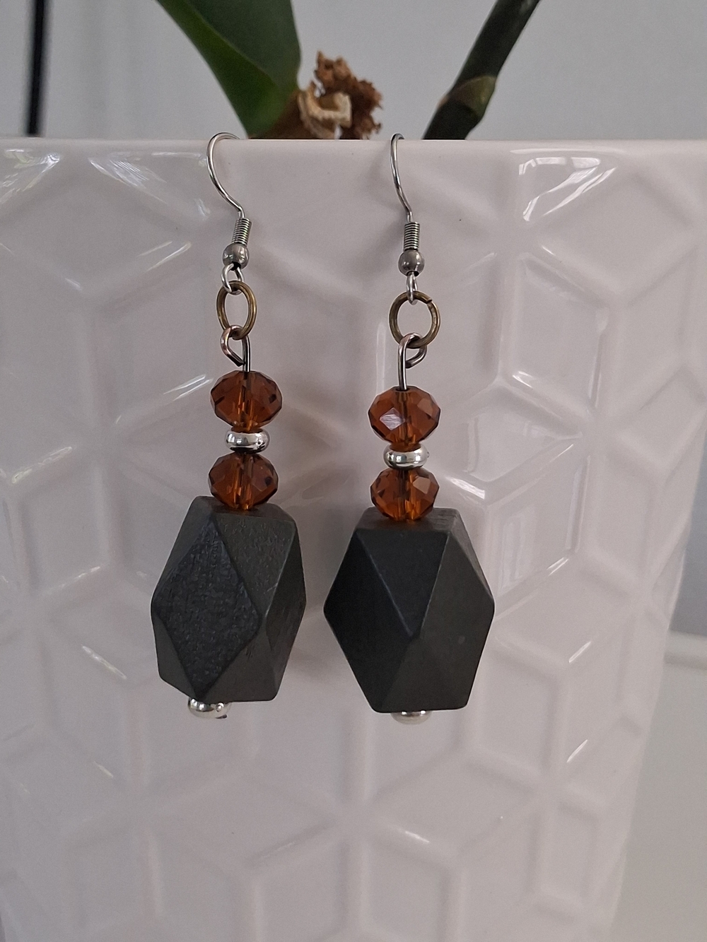 Black Faceted Wood and Amber Crystal Drop Earrings